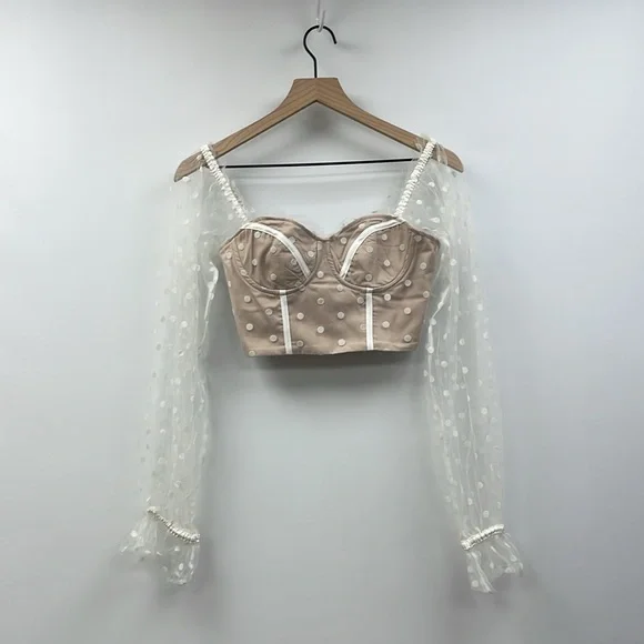 Hello Molly Sunset Polka Dot Mesh Sweetheart Corset Crop Top Preppy Beige 4 - Picture 9 of 12